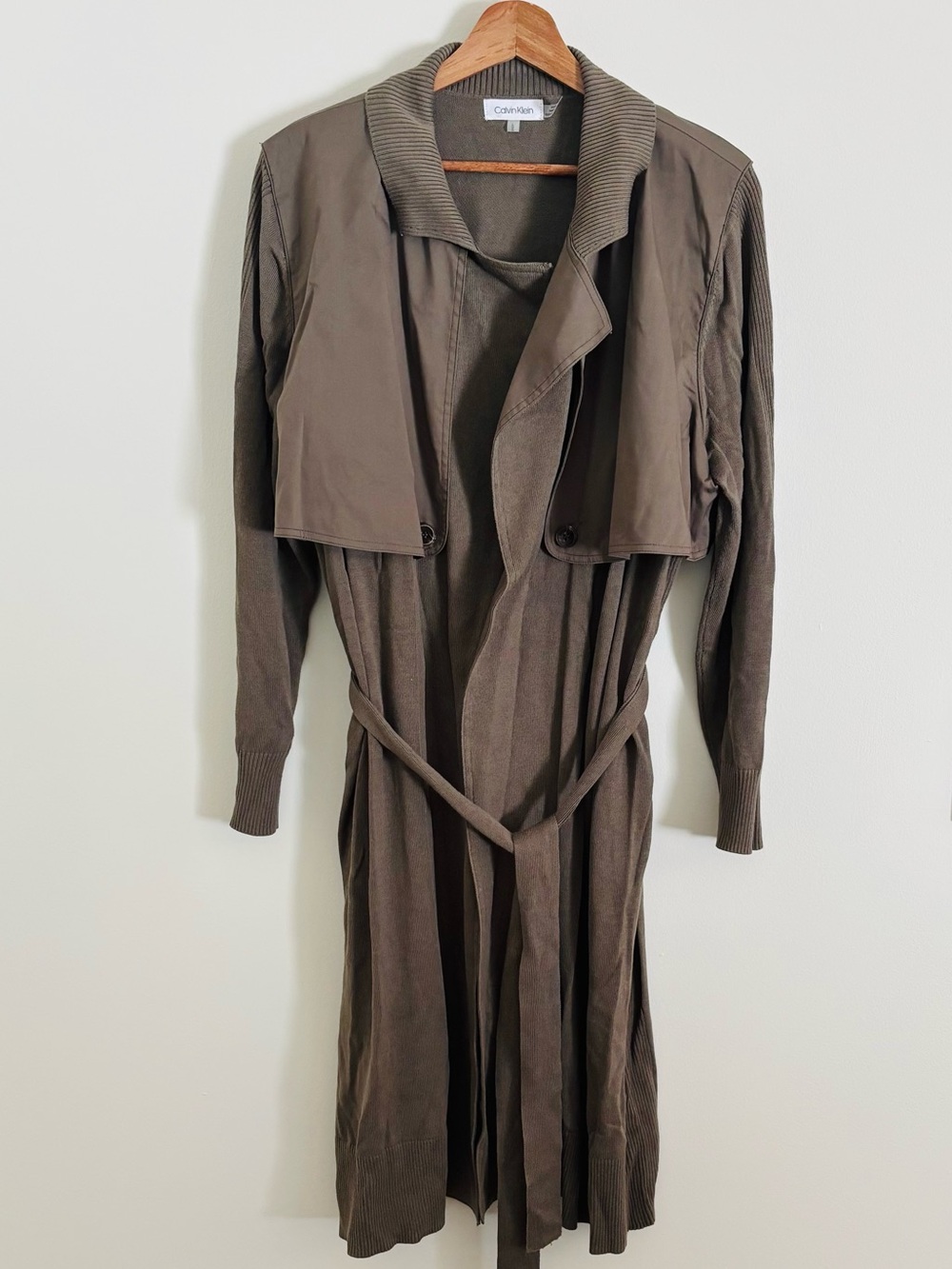 Calvin Klein Knit Sweater Trench Coat in Olive